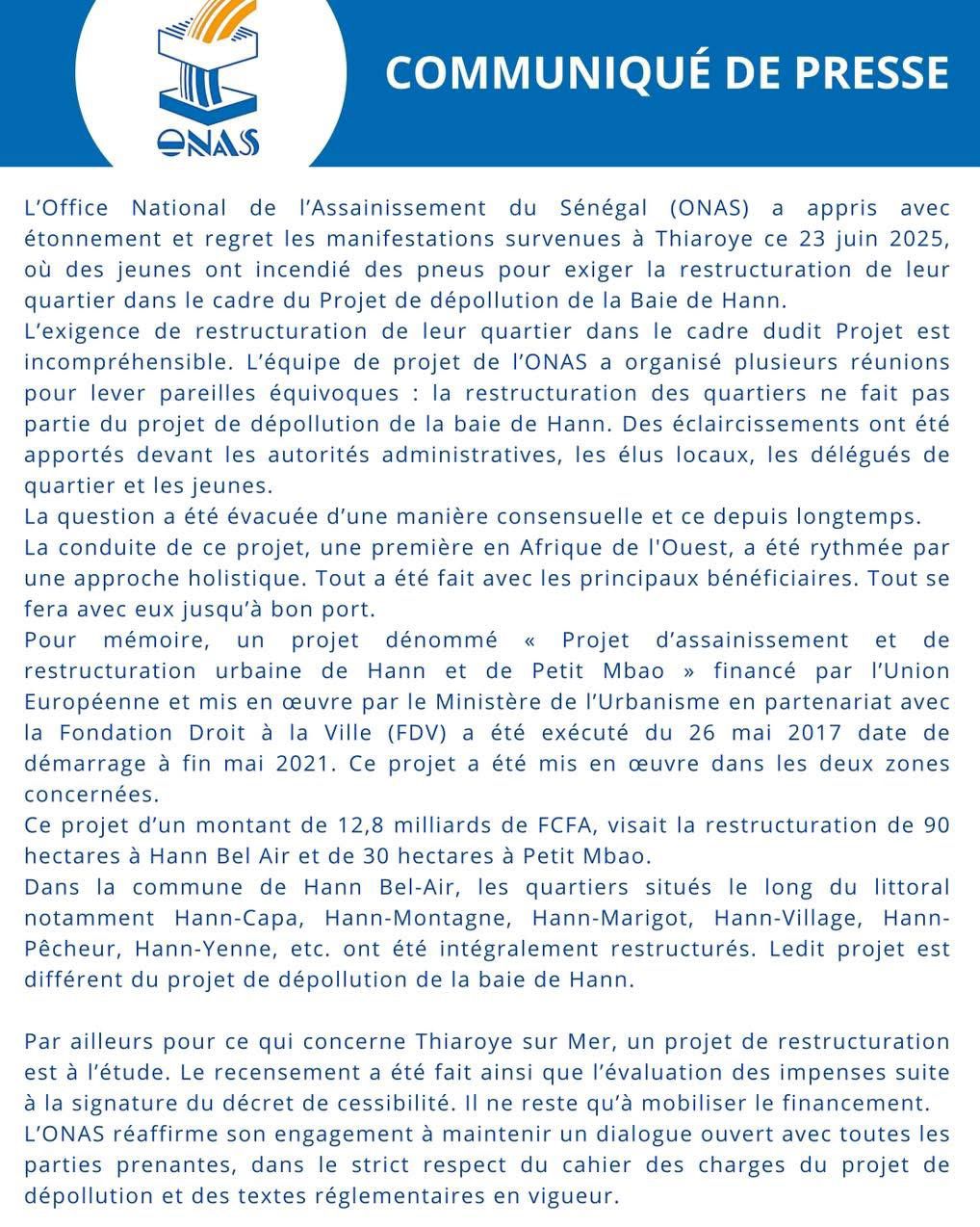 La population de Thiaroye/mer encore en colère contre l’ONAS sur un communiqué de presse